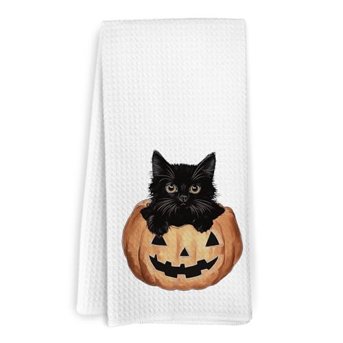 Halloween Black Cat Kitchen Towels - Gothic Fall Spooky Pumpkin Decor - 16x24 Inches - Black Cat Variation