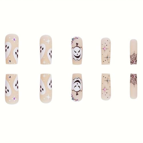 Halloween Press On Nails Set - Medium Square Fake Nails with Pumpkin Spider Web Ghost Star Designs, Reusable Glossy Nude Acrylic Nails for Women, Variant 17