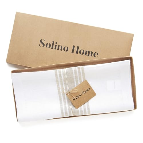 Solino Home 100% Linen Table Runner - Natural & White Stripe, 14 x 132 inches