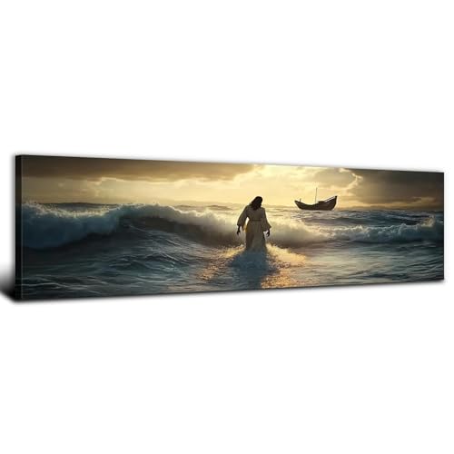 Jesus Walking on Water Canvas Wall Art - 14x48 Inch Religious Home Decor - Variation: Jesus01