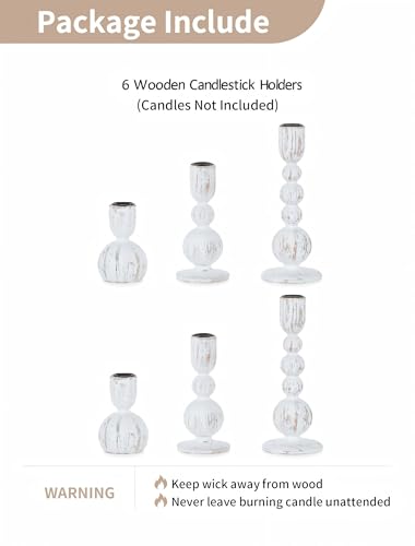 Wooden Taper Candle Holders Set of 6 - Rustic Whitewash Farmhouse Decor - Variations: Whitewash / 6