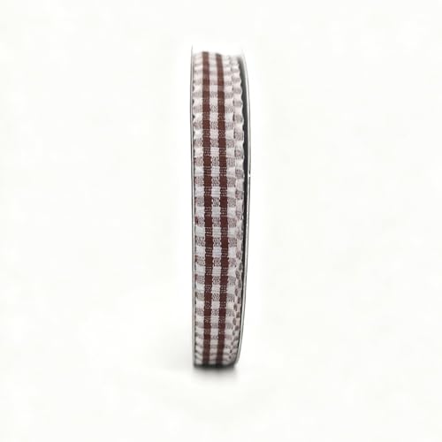 Brown and White Gingham Ribbon with Lace Edge - 3/8 Inch, 25 Yards