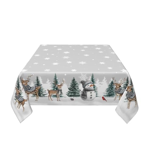 Reindeer Snowman Grey Square Tablecloth 54x54 Inch Water-Resistant Washable Winter Decor
