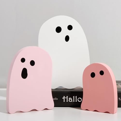 Halloween Ghost Wooden Sign Decorations - Pink & White Tiered Tray Decor
