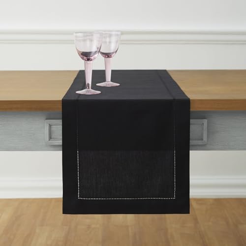 Solino Home Black Cotton Linen Table Runner 14x144 in - Hemstitch, Handcrafted