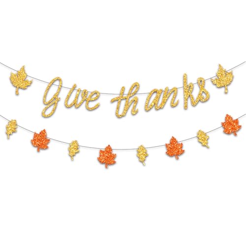 Thanksgiving Banner Set with Glitter 'Give Thanks' & Fall Leaf Garland - DIY Party Decorations