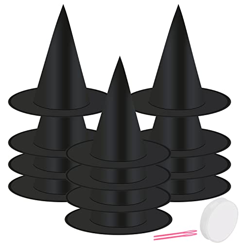 12 Pack Black Witch Hat with Hanging Rope for Halloween Party & Costume
