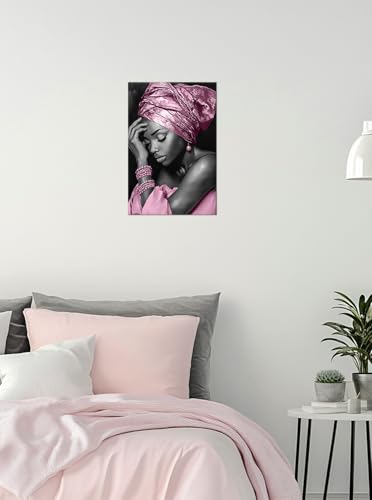 African American Woman Wall Art Canvas Portrait Pink Turban 12x18 Ready to Hang