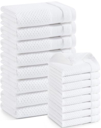 White Kitchen Towels and Dishcloths Set of 16 - Cotton Waffle Weave, Absorbent & Durable