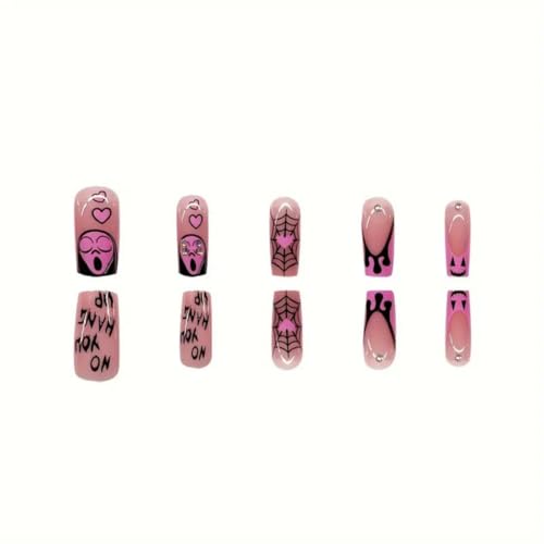 Halloween Press On Nails Spider Web Ghost Fake Nails Long Square Pink French Tip Style-1