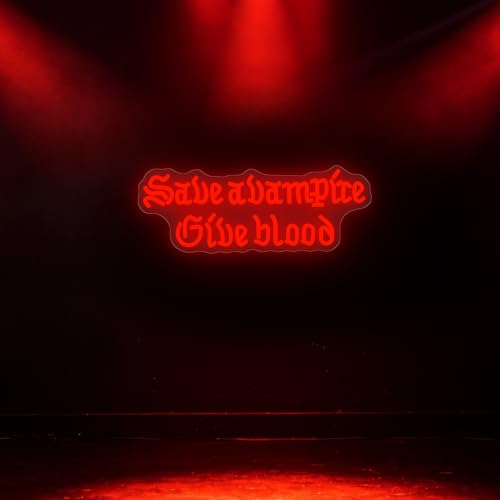 Red Save A Vampire Give Blood Neon Sign - Dimmable Gothic Horror Wall Decor for Home Bar Bedroom Halloween Spooky Gift