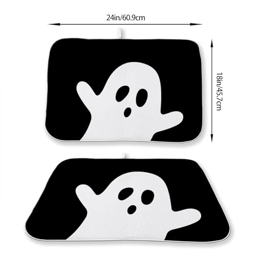 Halloween Dish Drying Mat 18x24 Inches - Ghost Fall Kitchen Decor - Black & White Variation 02