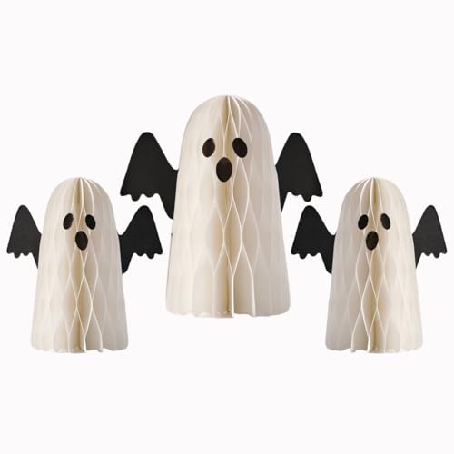 Halloween Ghost Paper Decorations Set - Honeycomb Centerpieces with Wings, 3-Piece