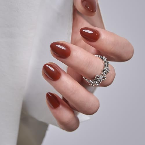 CurvLife Extra Short Almond Press-On Nails - Cocoa Glow Brown, Soft Gel, Reusable
