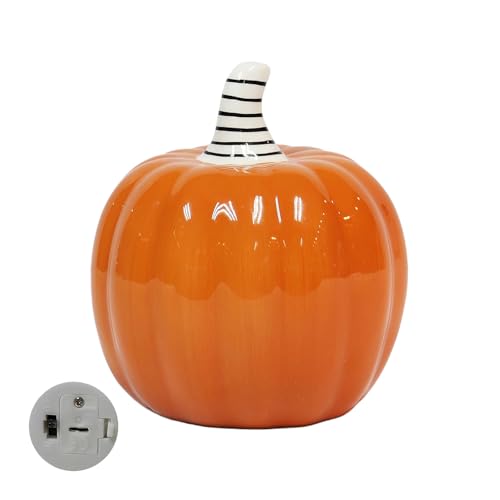 Halloween Ceramic Pumpkin Decor with LED Light - Orange, 5.5 Inch Tabletop Jack O Lantern