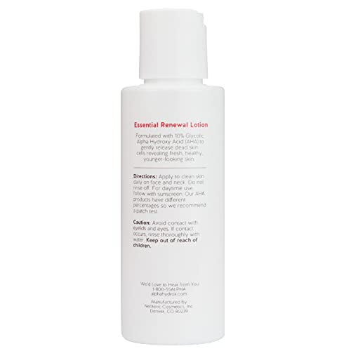 Alpha Skin Care Essential Renewal Lotion, 10% Glycolic AHA, Anti-Aging Formula, Reduces Lines & Wrinkles, Alpha Hydroxy Acid Exfoliates for Smoother Skin, Normal to Dry Skin, 4 Oz