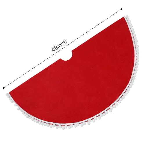 Red Christmas Tree Skirt 48 Inch with Pom Poms - Nonwoven Holiday Decor