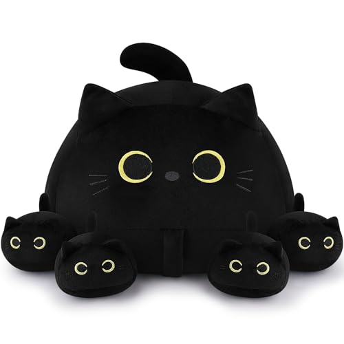 Black Cat Plush Family Set - 19-Inch Mommy with 4 Kittens, Cute Kids & Adults Gift