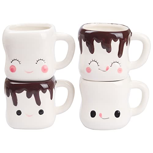 White Marshmallow Mug Set of 4 with Handle - Cute Ceramic Drinkware for Kids & Adults, 6oz