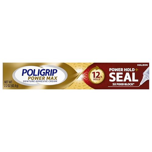 Poligrip Power Max Power Hold plus Seal Denture Adhesive Cream, Denture Cream for Secure Hold and Food Seal, Flavor Free - 2.2 oz (Pack of 4)
