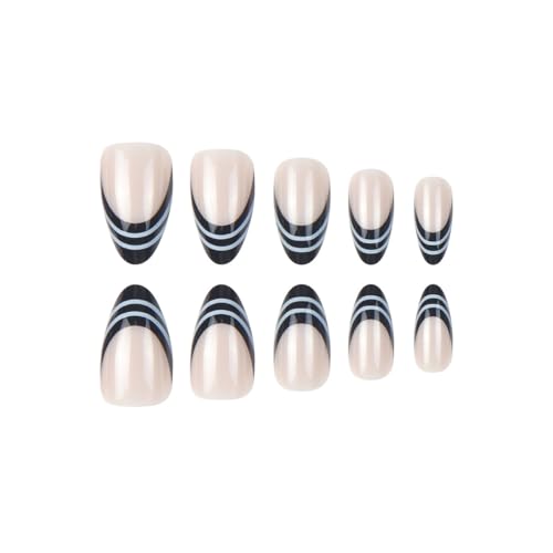 French Tip Press On Nails - Black & White Stripes, Short Almond Style - Variation 34