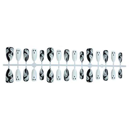 30Pcs Halloween Fake Almond Nails with 3D Ghost Designs - Black & White, Easy Glue-On Set