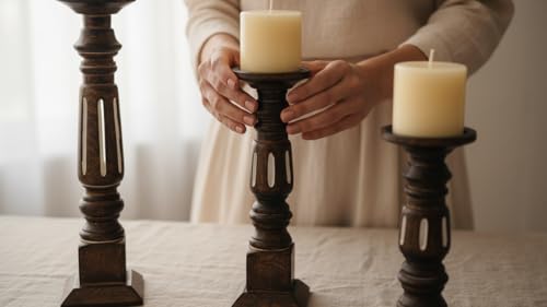 Set of 3 Rustic Mango Wood Candle Holders for Pillar Candles - Farmhouse Home Decor