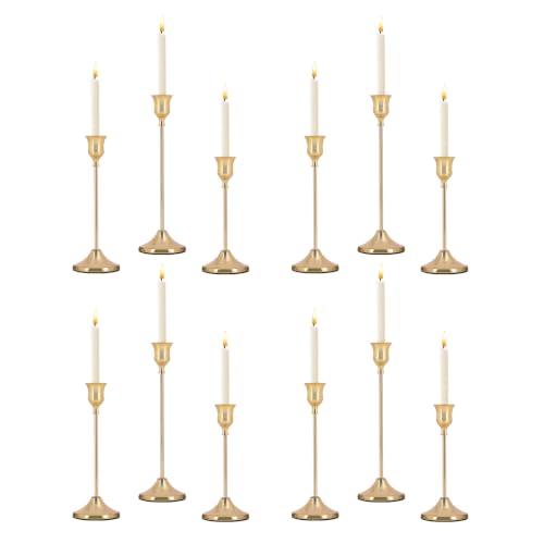12 Pack Metal Tall Candle Holders - Vintage Gold Candlestick Set with 3 Sizes