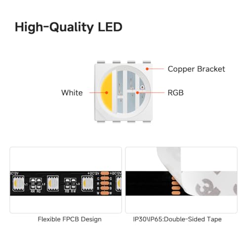 RGBW LED Light Strip 16.4ft Warm White & RGB + White 3000K-3500K, IP67, Black PCB