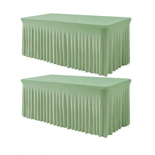 Sage Green 96x30 Inch One-Piece Spandex Table Skirt for 8FT Rectangle Tables - 2 Pack