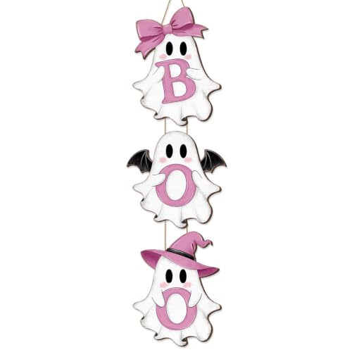 Halloween Pink Ghost Door Sign Decorations - Boo Wreath Hanger with 3 Plaques