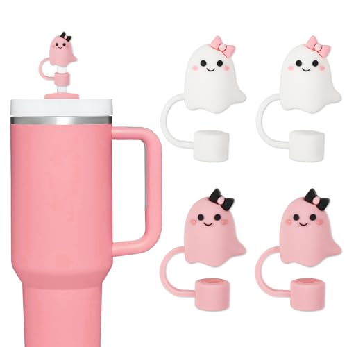 Halloween Ghost Silicone Straw Cover Caps - Pink & White Bow - Style2