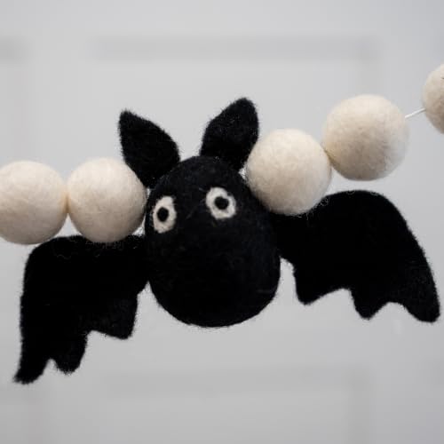 Halloween Felt Bat Garland - Black & White Party Decorations, 8 Bats with Wool Balls - Variation of Bat