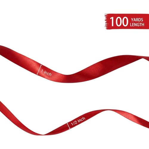 Red Satin Gift Wrap Ribbon 1/2 Inch x 50 Yards for Bows & Crafts - 2 Rolls