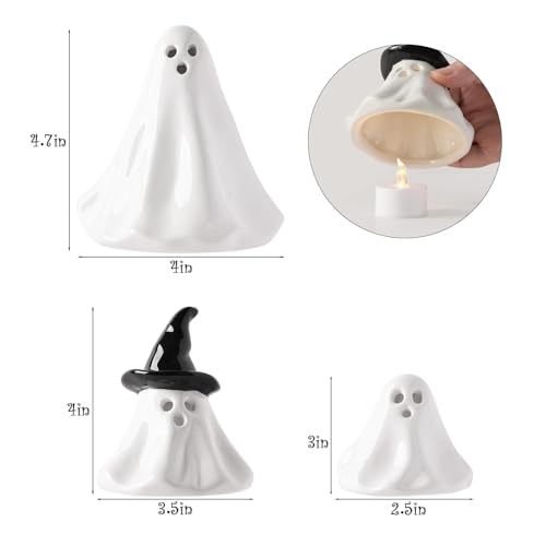 Ceramic Light-Up Halloween Ghost Decor Figurines - Indoor Party Decorations, 3 Pack