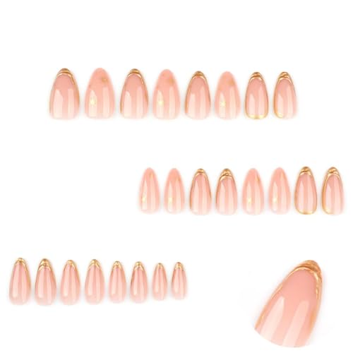 Press On Nails Almond Fake Nails with Gold Line Design - Variation 4, 24Pcs