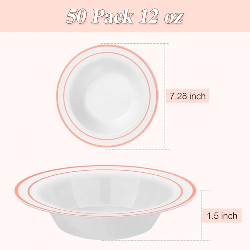 50 Pack Disposable Soup Bowls with Rose Gold Rim - Heavy Duty Plastic, 12oz