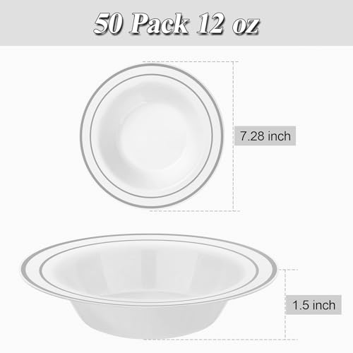 Disposable Soup Bowls with Silver Rim - 100 Pack, Heavy Duty Plastic