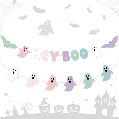 Pastel Halloween Ghost & Bat Garland Set - Cute Ghost Decor for Fireplace Mantle - Variation: Pastel