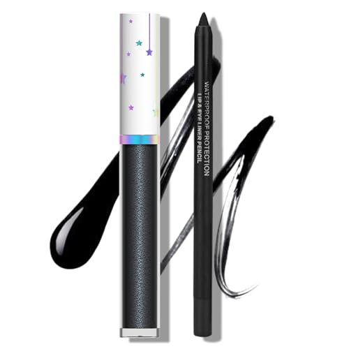 Black Lipstick and Lip Liner Set with Pearlescent Lip Gloss for Halloween and Gothic Makeup