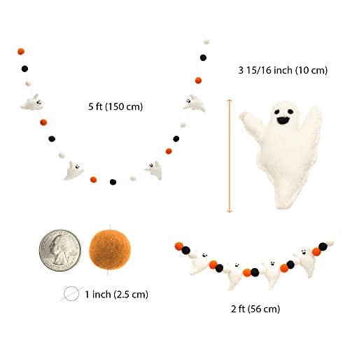 Halloween Felt Ghost Garland with Pom Poms - 5 Ft Spooky Wall Decor