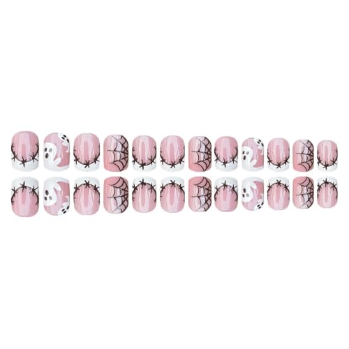 Halloween Press On Nails Short Square Pink Fake Nails with Ghost & Spider Web Design - Pattern W40, Reusable, 24 Pieces
