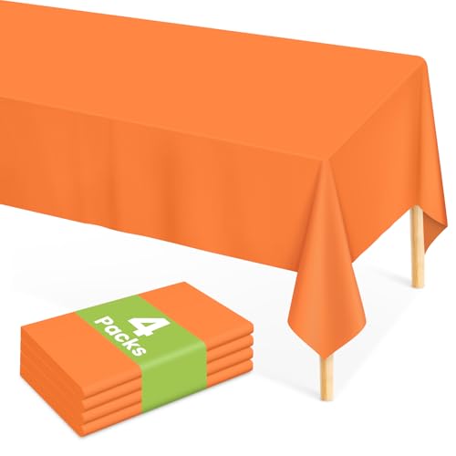 Orange Disposable Plastic Table Cloth Set - 4 Pack 54 x 108 Inches - Rectangle, Party Table Cover