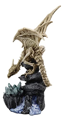 Gothic Skeleton Bone Dragon Statue with Crystal Cavern Decor - 10.25 Inch Fantasy Figurine