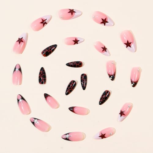 BABALAL Medium Almond Fake Nails - Tortoise Leopard Star Y2K French Tips - ANU00-08