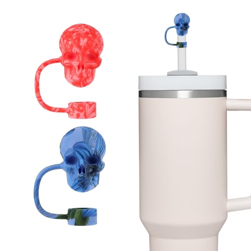 Halloween Skull Straw Toppers for Stanley Cup - Red & Blue - 2 Pack - Variation of Honglan