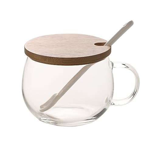 Belly Mug with Bamboo Lid & Tulip Spoon - 350ml Clear Glass Coffee Tea Cup