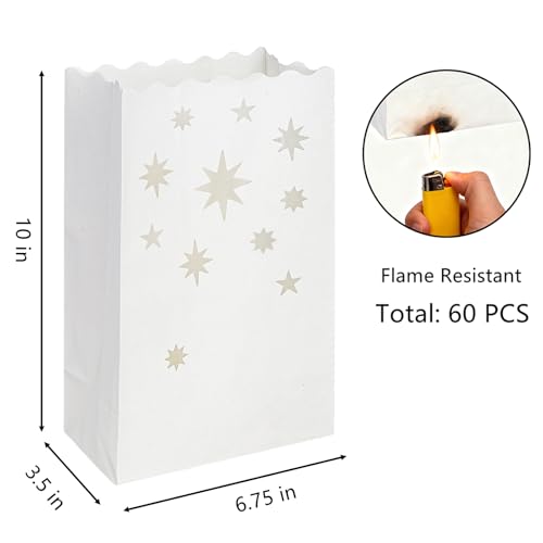 60 Pack White Fire-Resistant Luminary Bags with Star Pattern for Holidays & Events