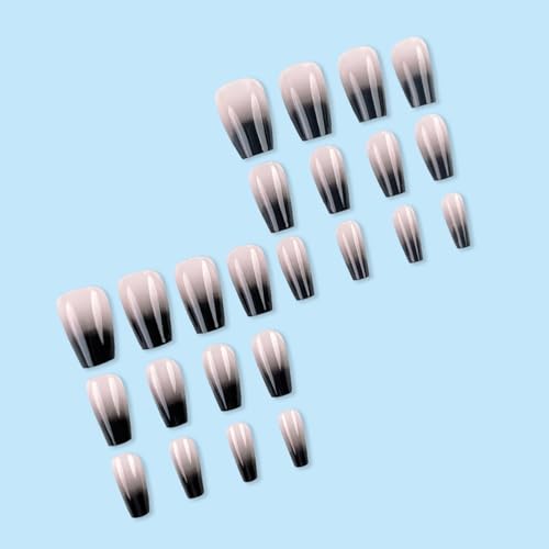 French Tip Press-On Nails Short Coffin Style Black White Gradient Fake Nails with Design - Colorful-13