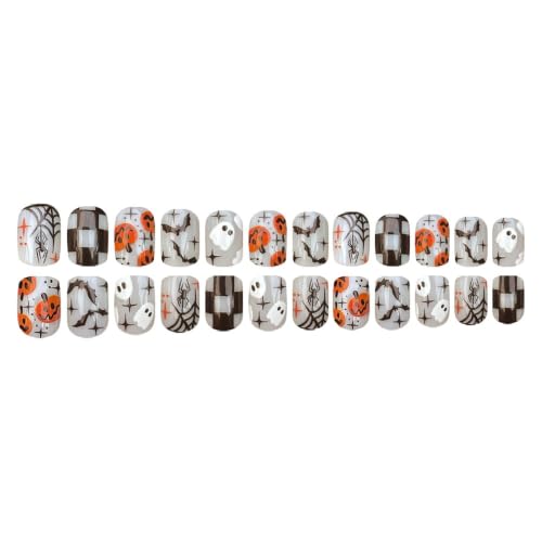 Halloween Press On Nails Short Square Pink Fake Nails Ghost Pumpkin Design W25